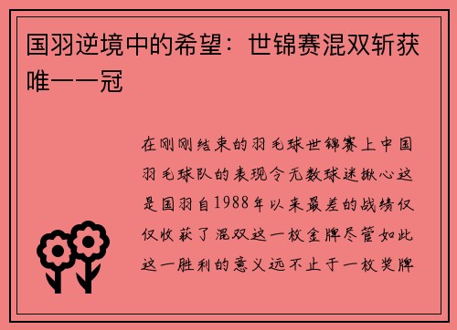 国羽逆境中的希望：世锦赛混双斩获唯一一冠
