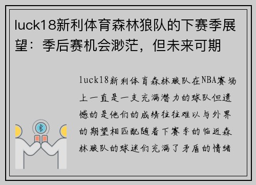 luck18新利体育森林狼队的下赛季展望：季后赛机会渺茫，但未来可期